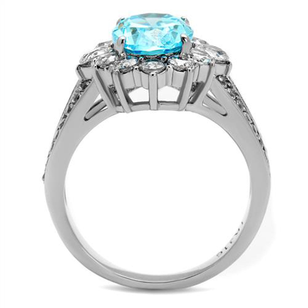 ARTK2977 Women's 3.58 Ct Oval Cut Sea Blue CZ Stainless Steel Halo Engagement Ring 5-10